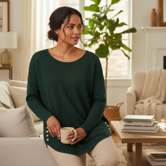 Michael Kors Women's Dark Green Ribbed Knit Sweater. Size Medium - Picture 2 of 4